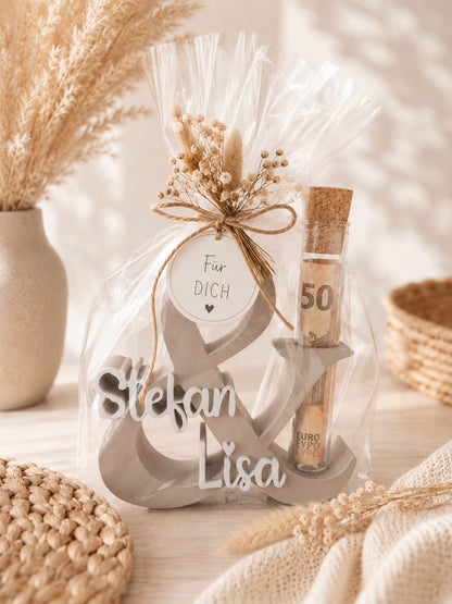 Personalisierter Geldgeschenk Aufsteller mit Namen | Hochzeitsgeschenk für Brautpaar | Reagenzglas Halter für Geld, Blumen & Gutscheine