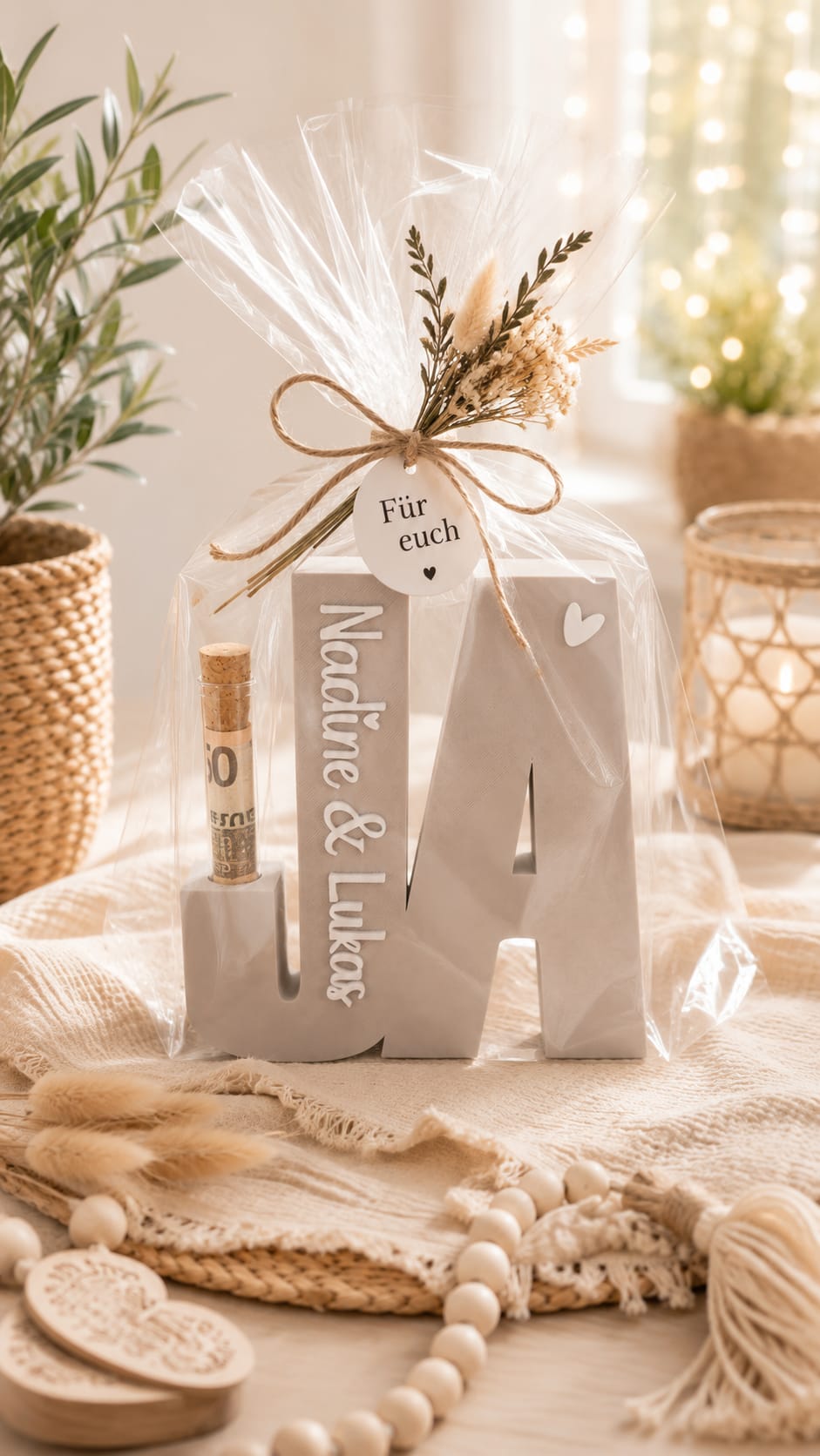 Personalisierter Geldgeschenk Aufsteller mit Namen | Hochzeitsgeschenk für Brautpaar | Reagenzglas Halter mit Anhänger