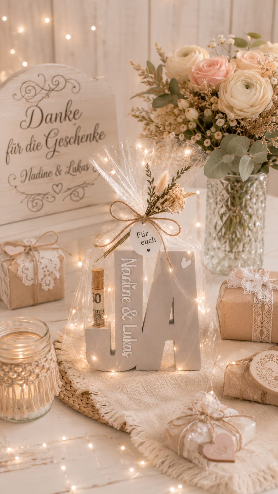 Personalisierter Geldgeschenk Aufsteller mit Namen | Hochzeitsgeschenk für Brautpaar | Reagenzglas Halter mit Anhänger