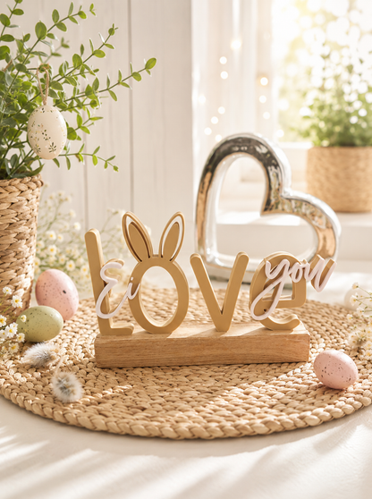 Ei love you – zauberhafter 3D-Schriftzug mit Hasenohren & Eichenholz-Sockel