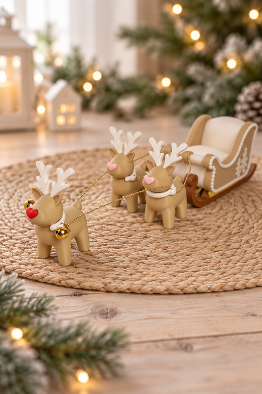 Weihnachtsschlitten mit 3 Rentieren – Rudolf mit roter Nase