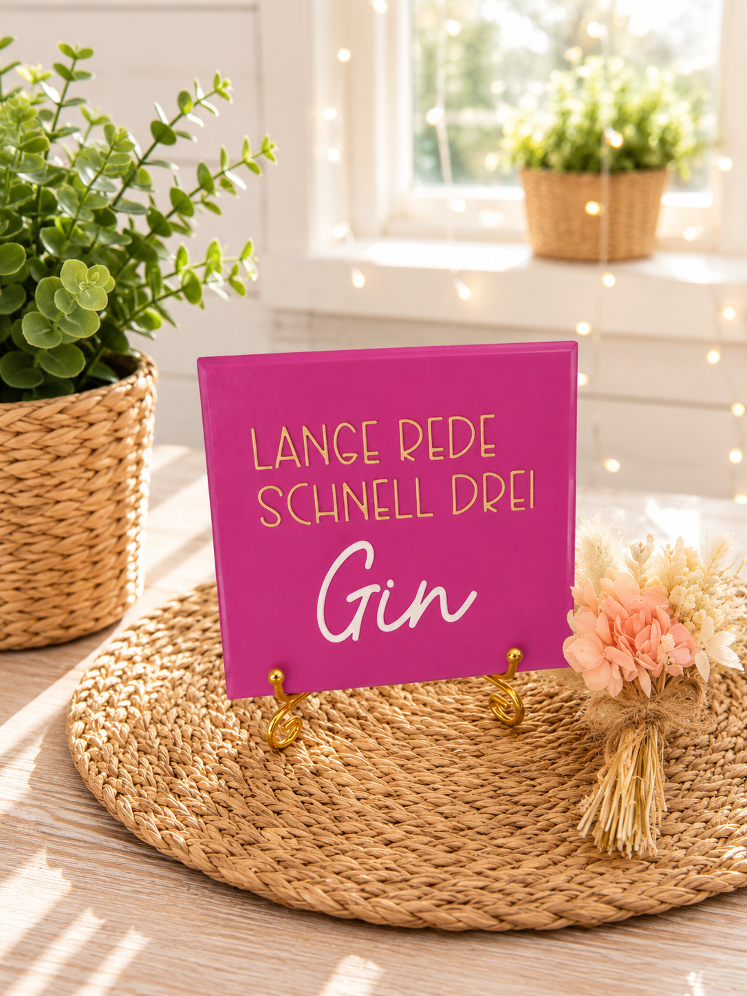 Sprüchekachel „Lange Rede, schnell drei Gin“ von CozyLabs Design