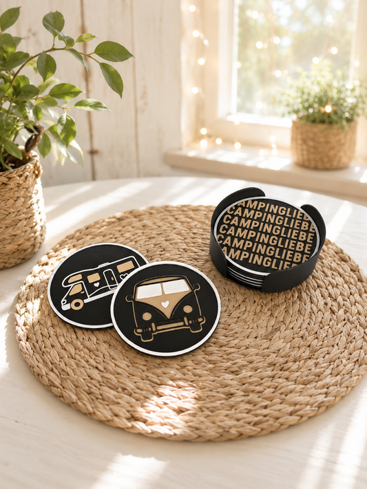 Camping Untersetzer Set mit Halter – 6-teiliges Wohnmobil & Camping Geschenk von CozyLabs Design