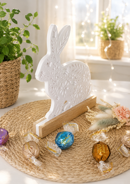 Osterhase mit filigranem Hasenmotiv auf Holzsockel von CozyLabs Design