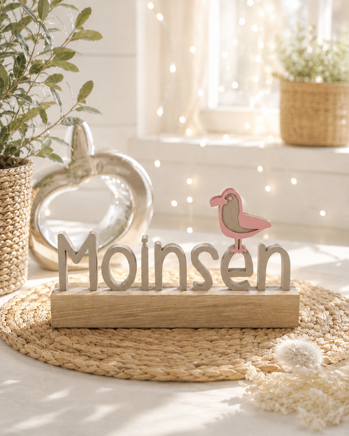 Moinsen - norddeutsche Liebeserklärung als 3D-Schriftzug mit Eichenholz-Sockel