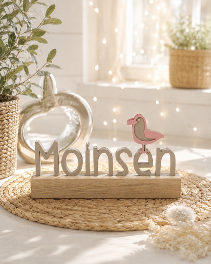 Moinsen - norddeutsche Liebeserklärung als 3D-Schriftzug mit Eichenholz-Sockel