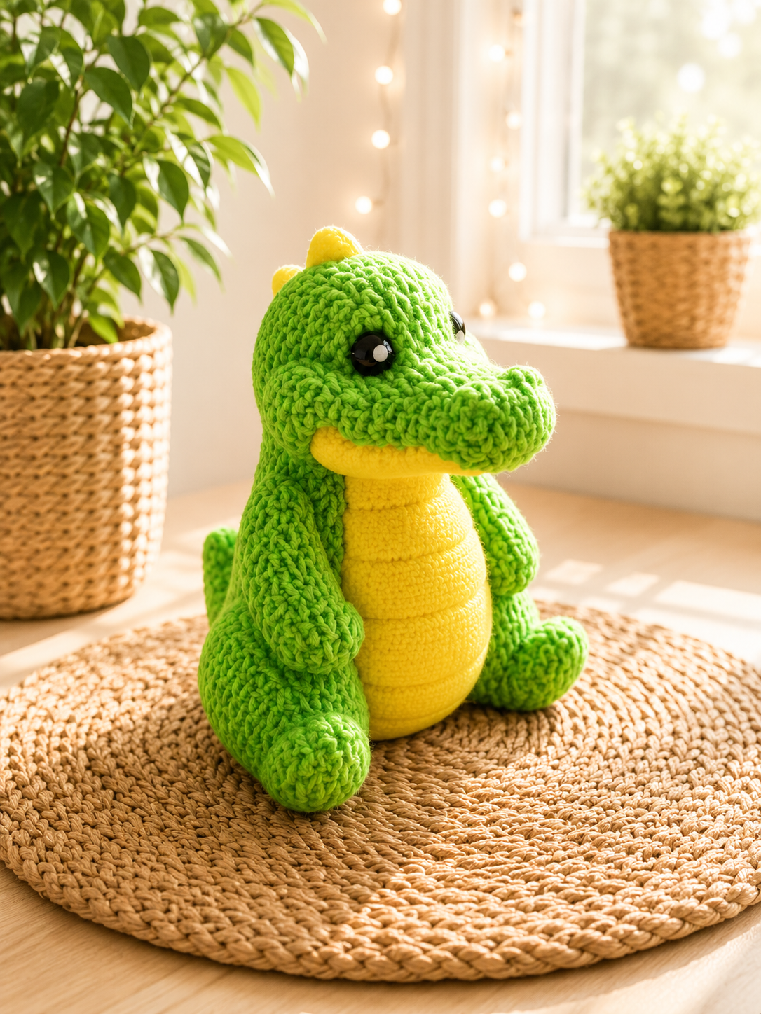 Dino in Strickoptik von CozyLabs Design, süße Miniaturfigur aus dem 3D-Druck mit freundlichem Lächeln