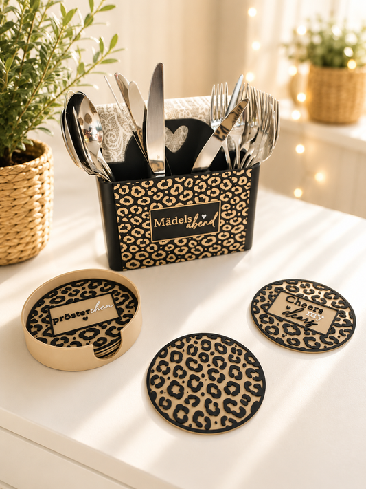 Besteckkorb mit Front Mädelsabend und passenden Untersetzern von CozyLabs Design