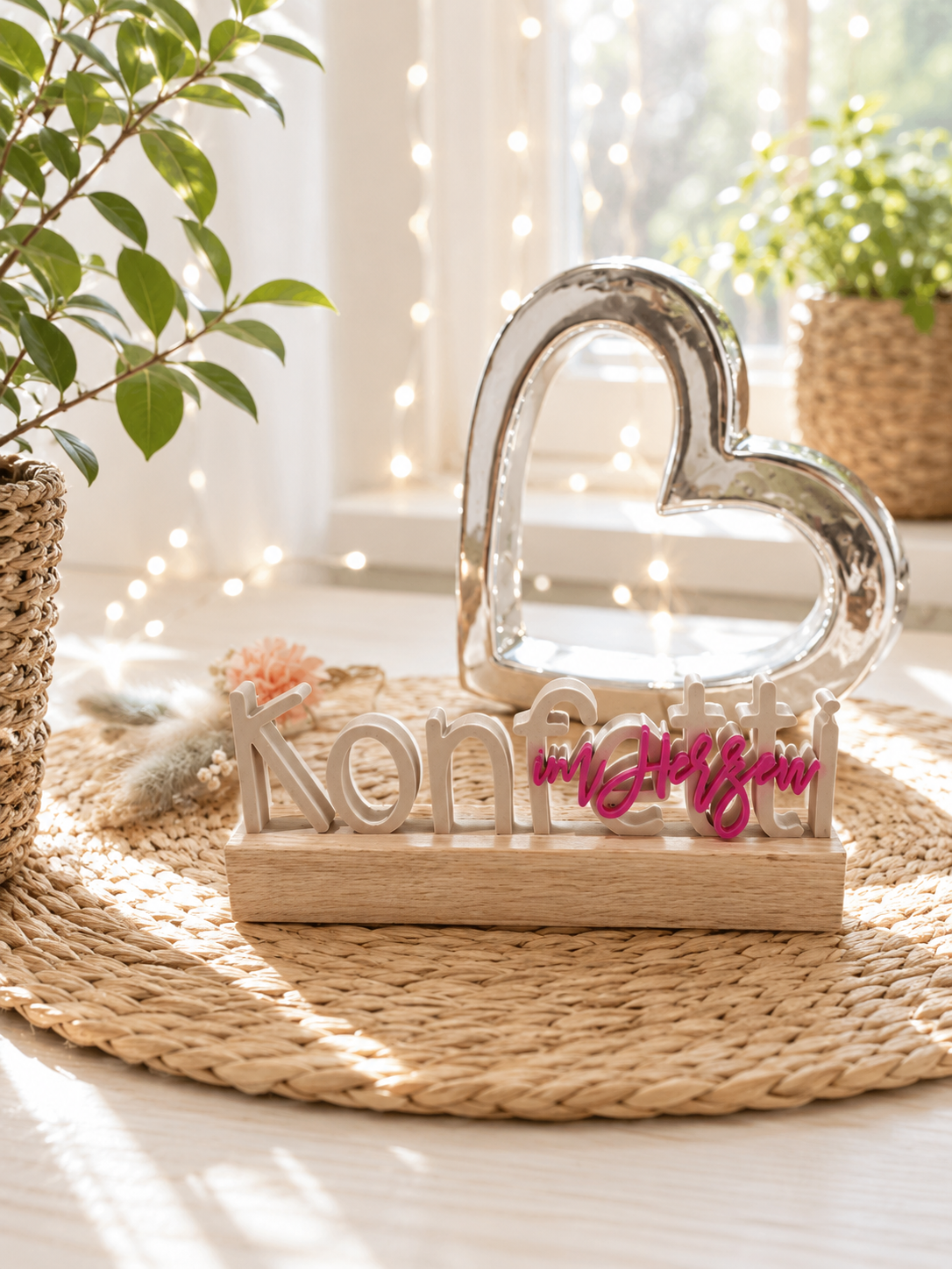 Konfetti im Herzen – närrischer 3D-Schriftzug mit Eichenholz-Sockel