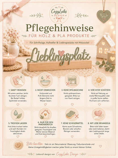 Pflegehinweise für Holz und PLA Produkte von CozyLabs Design mit Tipps zur Reinigung, Holzsockel, Hitze, Feuchtigkeit und Innenbereich