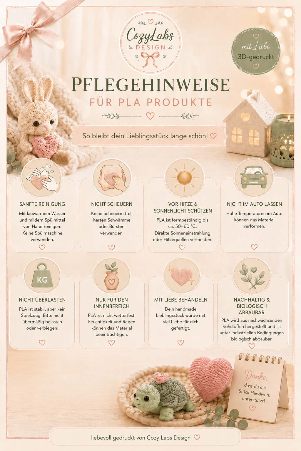 Pflegehinweise für PLA Produkte von CozyLabs Design mit Tipps zur Reinigung, Hitze, Belastung und Nutzung im Innenbereich